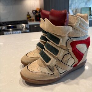 Isabel Marant Tan and Red Wedge Sneakers